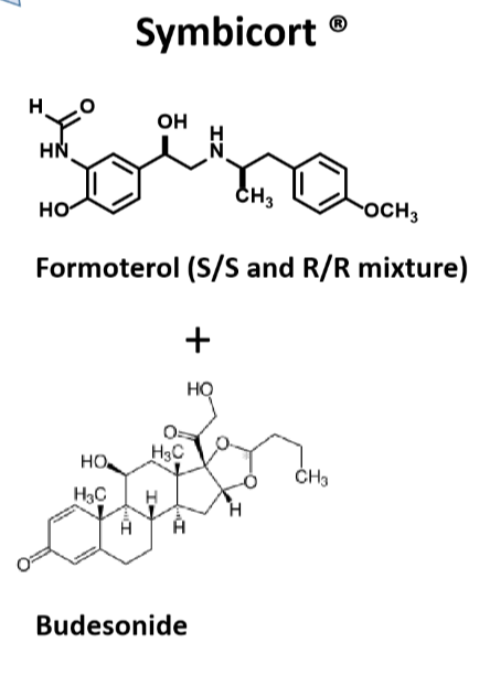 <p>Long-acting B2 agonist</p><p>Formoterol + Budesonide</p><p>Inhaler</p><p>Use: reduce exacerbations of asthma, COPD</p><p>Wash mouth after use to avoid thrush (budesonide steroid)</p>