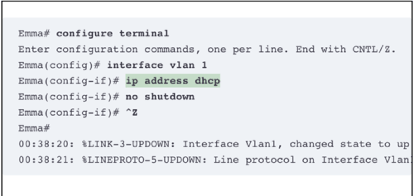 <p>To configure a switch to use DHCP to lease an address, configure a switch’s IP address as normal, but with the ip address dhcp interface subcommand. Example 19-2 shows a sample.</p><p>To verify that DHCP worked, start with the traditional way to check IP addresses on switch VLAN interfaces: the show interfaces vlan x command as demonstrated in Example 19-3. First, check the interface state, because the switch does not attempt DHCP until the VLAN interface reaches an up/up state. Notably, if you forget to issue the no shutdown command, the VLAN 1 interface will remain in a shutdown state and be listed as “administratively down” in the show command output. Then, if DHCP has not yet worked, you will see the highlighted line shown in the upper part of the example. Once the switch leases an IP address, you will see the different text shown in the bottom half of the example.</p>