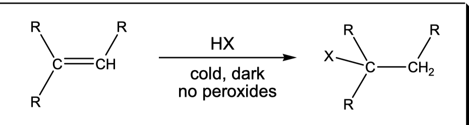 <p>HX + cold, dark, no peroxides</p>