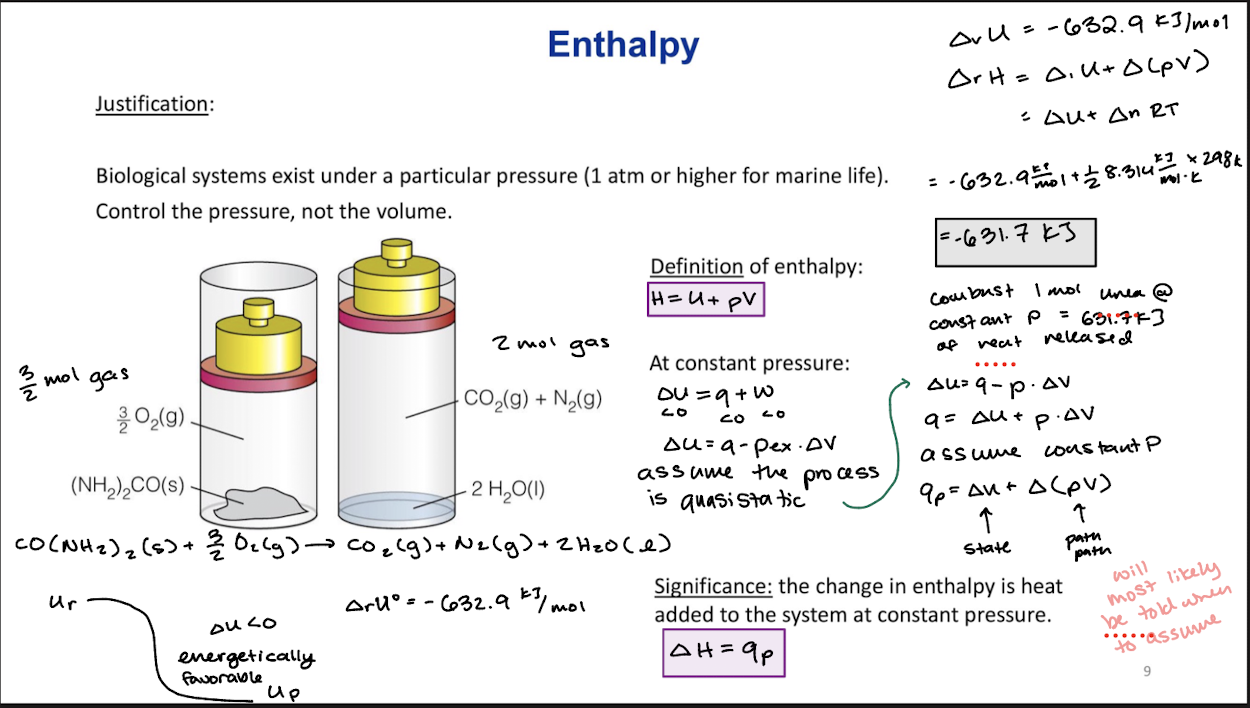 <p>Justification: Biological systems exist under a particular pressure (1 atm or higher for marine life). Control the pressure, not the volume. </p><p>H=U+pV</p><p>at constant pressure </p><p>∆U=q+w</p><p>q<sub>p</sub>=∆U+∆(pV) </p><p>Significance: The change in enthalpy is heat added to the system at constant pressure. </p><p>∆H=q<sub>p</sub></p>