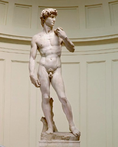 <p>Sculpture</p><p>David</p><p>c. 1440</p><p>one of the most important sculptures of the early Renaissance SPEAKER 2: Important because it was the first free-standing nude sculpture since classical antiquity. extremely realistic and a prime example of Renaissance naturalism. His body appears lithe as he stands with one foot atop Goliath&apos;s decapitated head.</p>