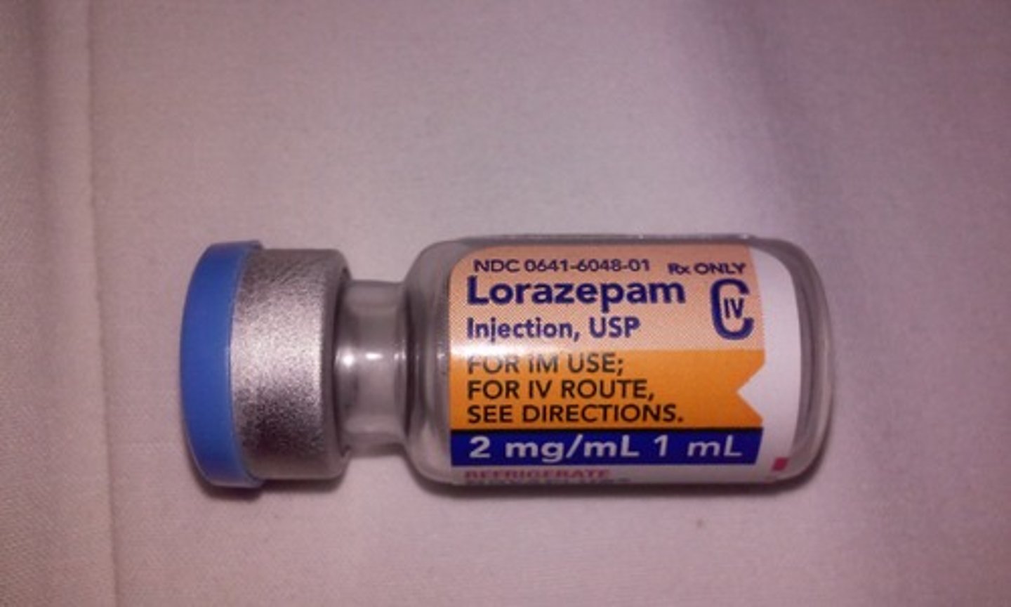 <p>Lorazepam</p><p>Indication: Anxiety, Seizures,</p><p>Schedule: C-IV.;</p>