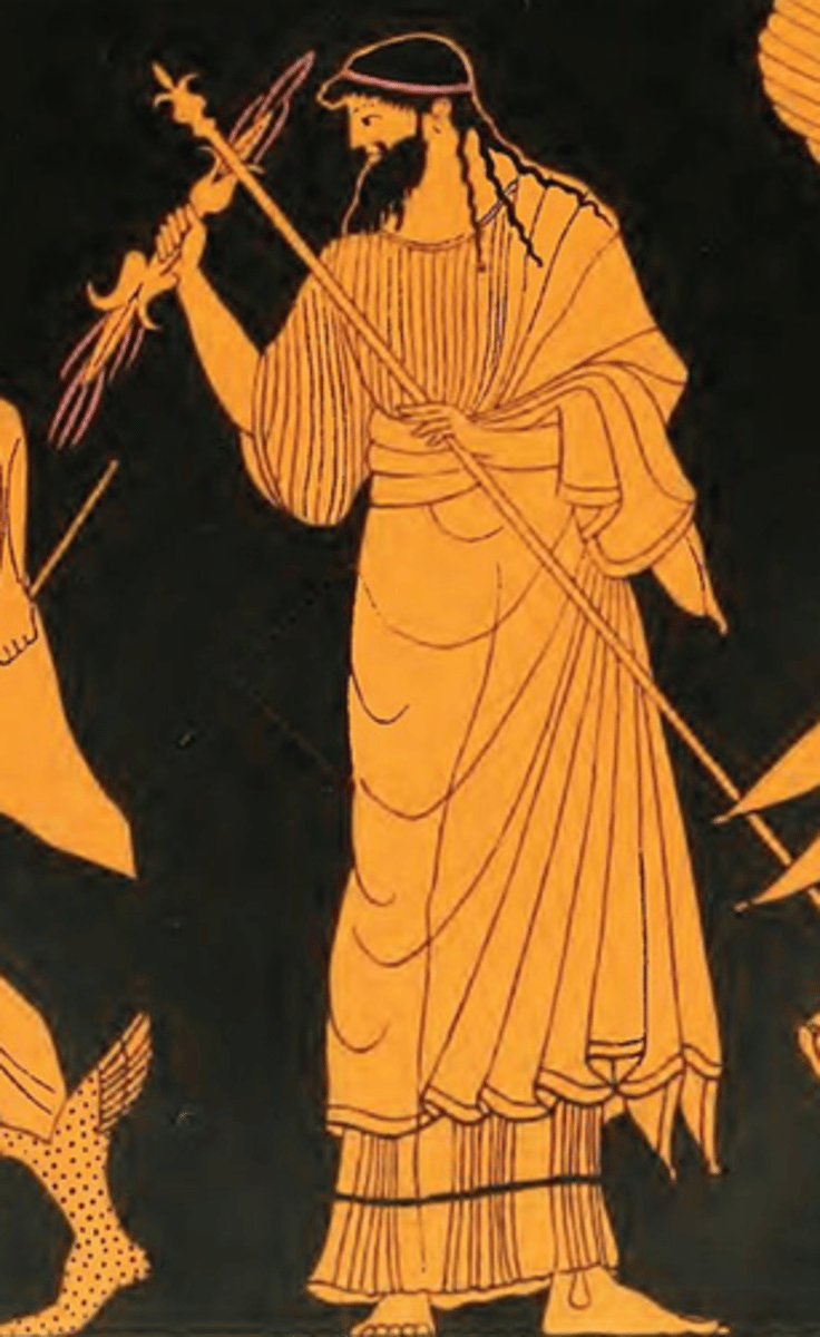 <p>Bearded man with lightning bolt</p><p>Could be holding an eagle</p><p>Could be seated on throne with a sceptre</p>