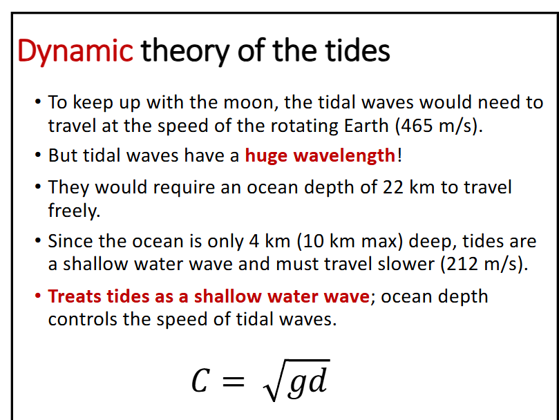 <p>-to keep up with the moon, the tidal waves would need to travel at the speed of the rotating earth (465 m/s), but tidal waves have a huge wavelength</p><p>-they would require an ocean depth of 22 km to travel freely</p><p>-since the ocean is only 4km deep, tides are a shallow water wave and must travel slower (212 m/s)</p><p>-treats tides as a shallow water wave; ocean depth controls the speed of tidal waves</p><p>-also accounts for interference with continents and the Coriolis effect</p>