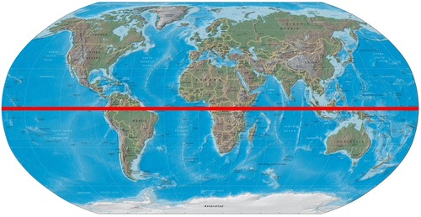 <p>An imaginary HORIZONTAL line drawn around the middle of the earth, dividing the earth into northern and southern hemispheres, at 0 degrees latitude.</p>