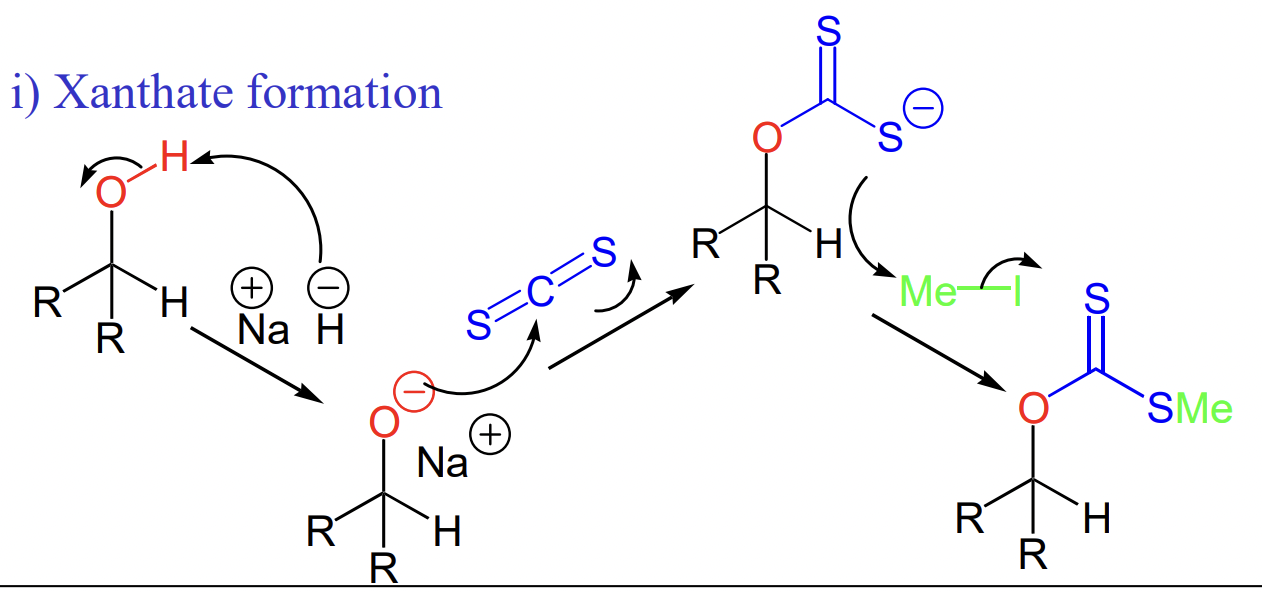 <p>reagents:</p><ul><li><p>NaH</p></li><li><p>CS2</p></li><li><p>MeI </p></li></ul><p></p>