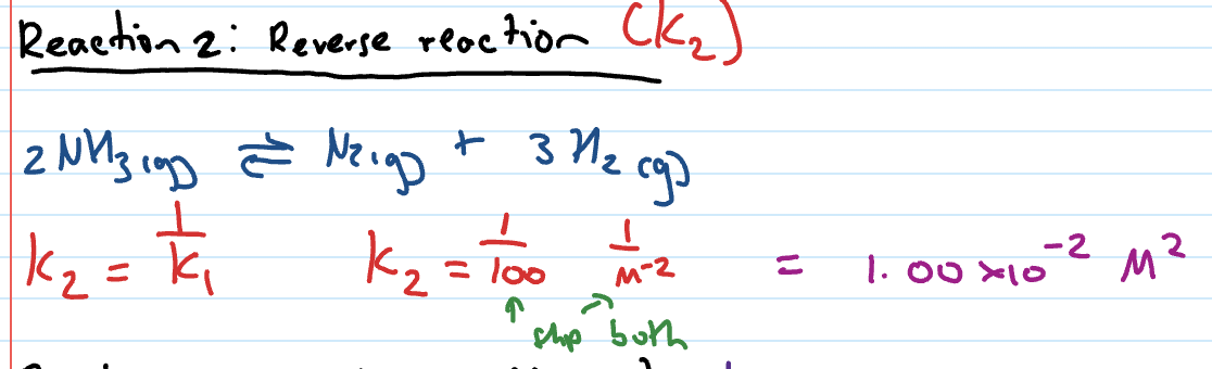 <p>Kc becomes reciprocal of original Kc</p><ul><li><p>eg. Kc2 = 1/Kc1</p></li></ul><p></p>