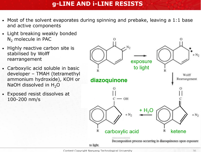 <p>Hg arc lamps: g-line = 436 nm exposure wavelength i-line = 365 nm<br><br>g-line and i-line photoresists consist of:</p><ol><li><p><strong>Novolac resin</strong>: Dissolves readily in the developer.</p></li><li><p><strong>Photoactive compound (PAC)</strong>: Diazonaphthoquinones (DNQ) inhibit dissolution until exposed to light.</p></li><li><p><strong>Solvent</strong>: Adjusts viscosity.<br><br>When exposed to light, diazonaphthoquinones (DNQ) decompose to form carboxylic acids, making the exposed areas soluble in a basic developer.</p></li></ol><p></p>