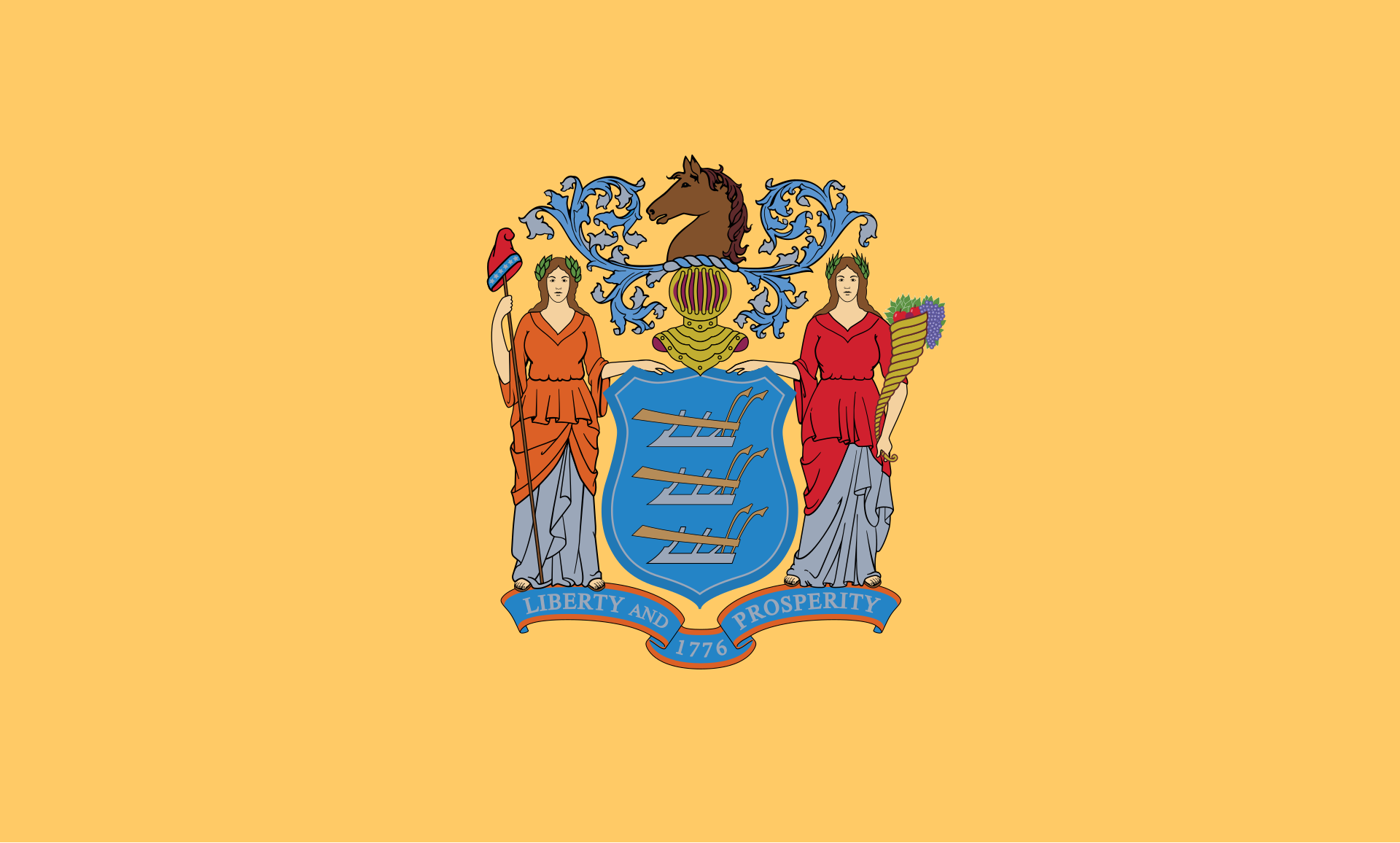 <p>Yellow background with a coat of arms featuring two women in red with a blue shield and a horse above. Liberty and prosperity and the date 1776.</p>