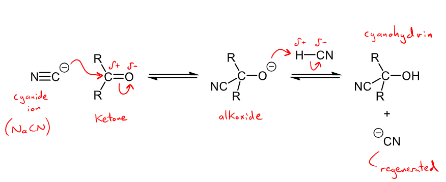 <ul><li><p>Reaction with NaCN and HCN forms a cyanohydrin </p></li><li><p>Cyanohydrins are useful as they can be converted to other functional groups </p></li><li><p>Cyanide ion from NaCN attacks carbonyl, alkoxide is formed and the H from H-CN reacts with the O- to form the alcohol group and the NC- group is regenerated. </p></li></ul><p></p>