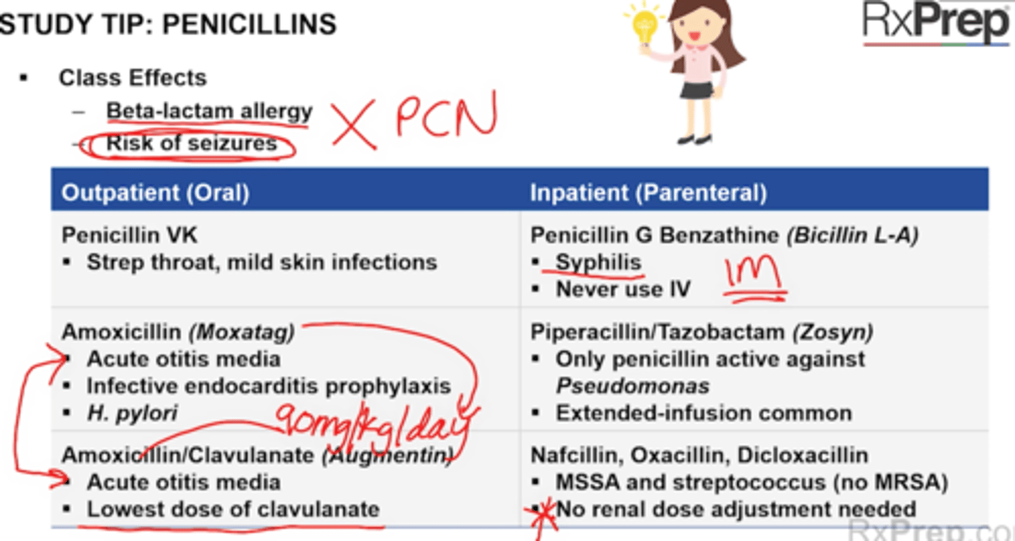<p>Class effects</p><p>+ All pnc should be avoided in patients with beta-lactam allergy</p><p>+ All PNC increase the risk of seizures if accumulation occurs (eg renal failure)</p><p>Outpatient (PO)</p><p>1. Penicillin VK</p><p>+ A first-line treatment for strep throat and mild nonpurulent skin infections (no abscess) </p><p>+ Strep throat, mild skin infections </p><p>2. Amoxicillin </p><p>+ Treats otitis media, infective endocarditis ppx, h. pylori</p><p>+ First line treatment for acute otitis media (80-90 mg/kg/day)</p><p>+ Drug of choice for infective endocarditis prophylaxis before dental procedure (2 g PO x1, 30-60 min before procedure) </p><p>+ Used in H.pylori treatment + PPI</p><p>3. Amoxicillin/Clavulanate (Augmentin) </p><p>+ First line treatment for acute otitis media (90 mg/kg/day) and for sinus infections (if an antibiotic is indicated)</p><p>+ Use the lowest dose of clavulanate to decrease diarrhea </p><p>4. Dicloxacillin and Oxacillin </p><p>+ Cover MSSA only (no MRSA)</p><p>+ No renal dose adjustment needed </p><p>Inpatient (Parenteral)</p><p>1. Penicillin G Benzathine (Bicillin L-A)</p><p>+ Drug of choice for syphilis (2.3 milliion units IM x1)</p><p>+ Not for IV use, can cause death - lipid emmulsion</p><p>2. Nafcilllin</p><p>+ See dicloxacillin and oxacillin above </p><p>No renal adjustment and covers MSSA only </p><p>3. Piperacillin/Tazobactam (Zosyn)</p><p>+ Only PCN active against Pseudomonas</p><p>+ Extended infusions (4 hours) can be used to maximize T > MIC</p>