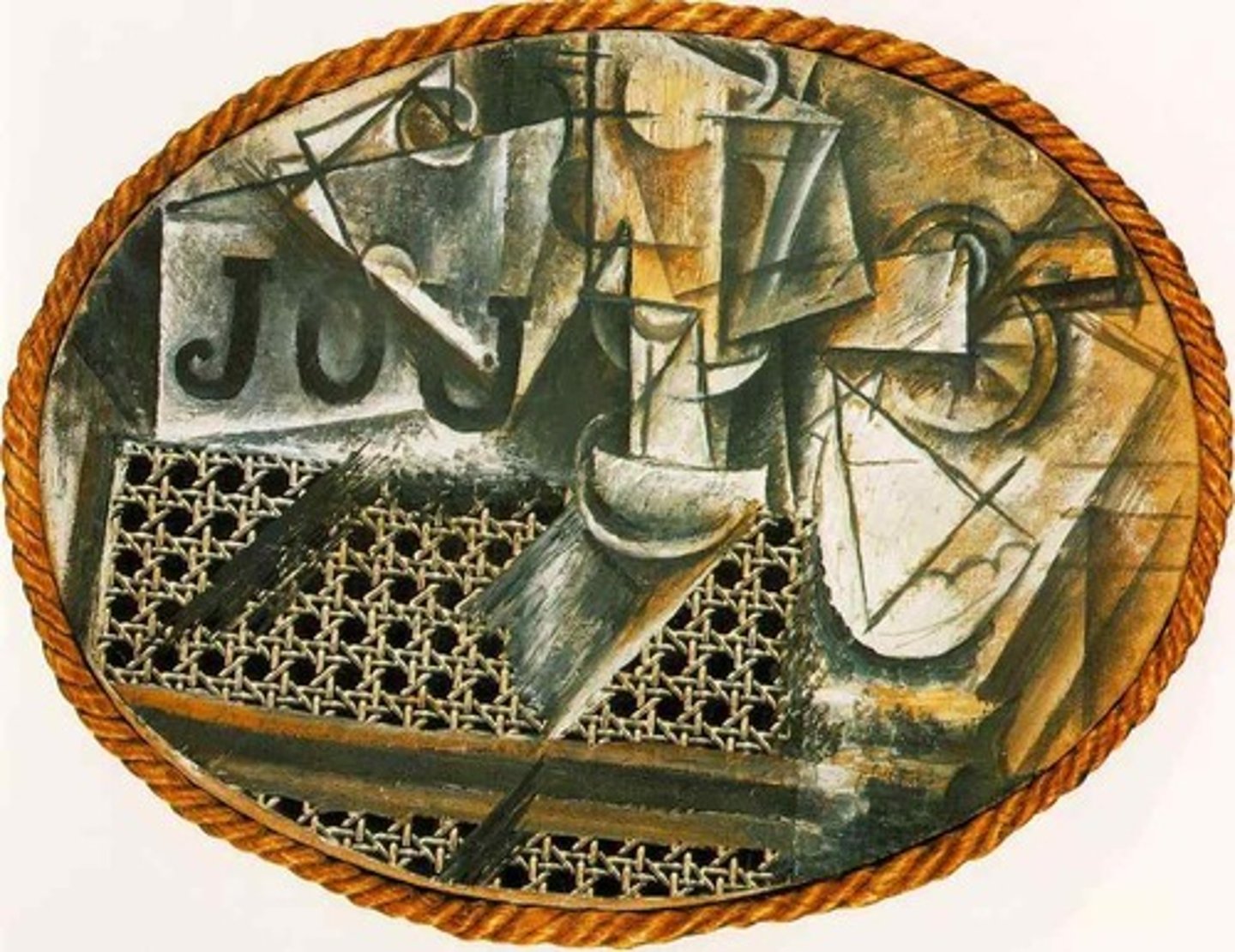 <p>This Synthetic Cubist collage combines painted elements with real materials like oilcloth.</p>