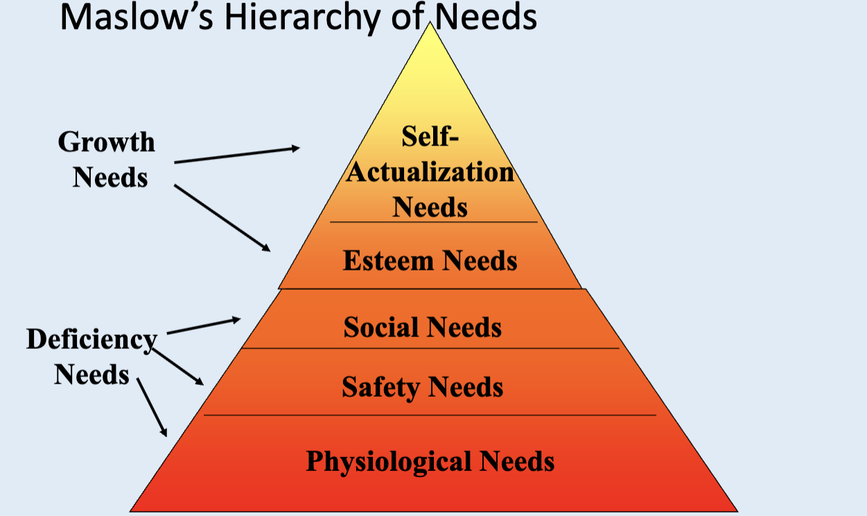 <p>People are motivated to fulfill a hierarchy of needs:<br>Physiological → Safety → Social → Esteem → Self-actualization</p>