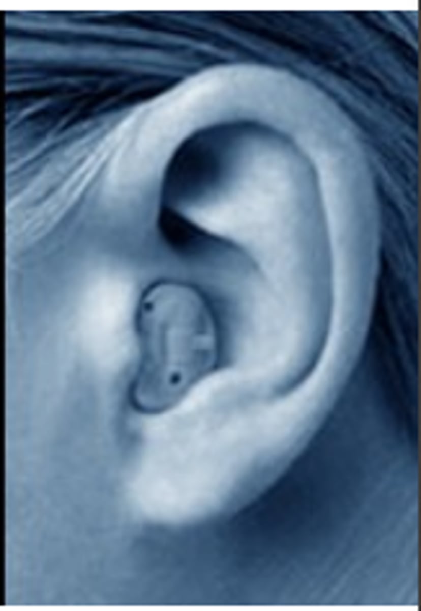 <p>a small hearing aid that fits partly or completely inside the ear canal and amplifies sound using an integrated microphone, amplifier, and receiver</p>