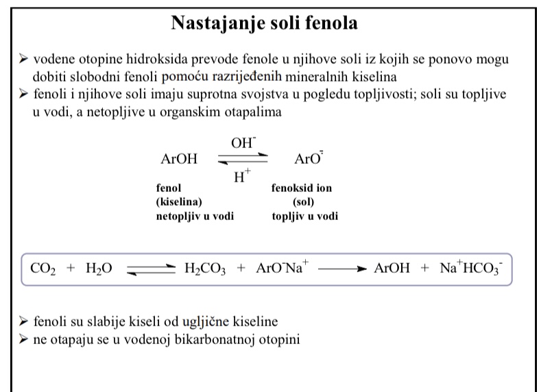 <p>Fenoli su slabije kiseli od ugljicne kiseline</p><p>Ne otapaju se u vodenoj bikarbonatnoj otopini</p>