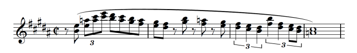 <p>An <strong>ascending and descending melody</strong> using the <strong>E major scale</strong> which contains more rhythmic variety than the first</p>