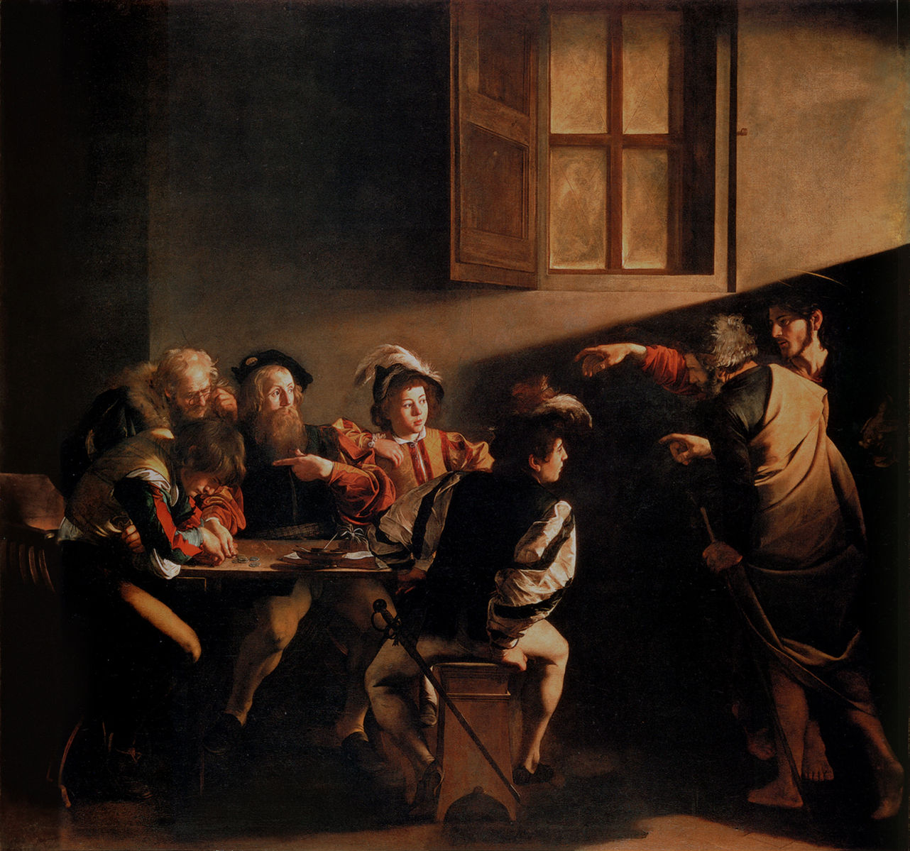 <p>Christ is the one pointing to Matthew</p><p>all dressed in modern clothes </p><p>similar to the creation of adam painting - the point to matt</p>