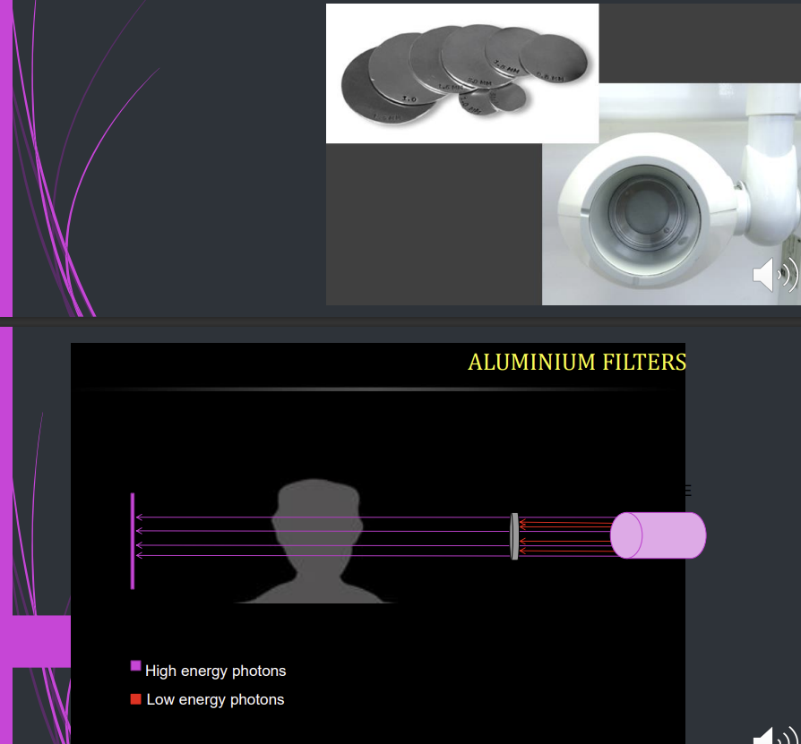 <p>is used to remove harmful low energy x rays - soft x ray as they don’t pass through the tissue but are absorbed</p><p>1.5 mm below 70 kV</p><p>2.5 mm above 70 kV</p>