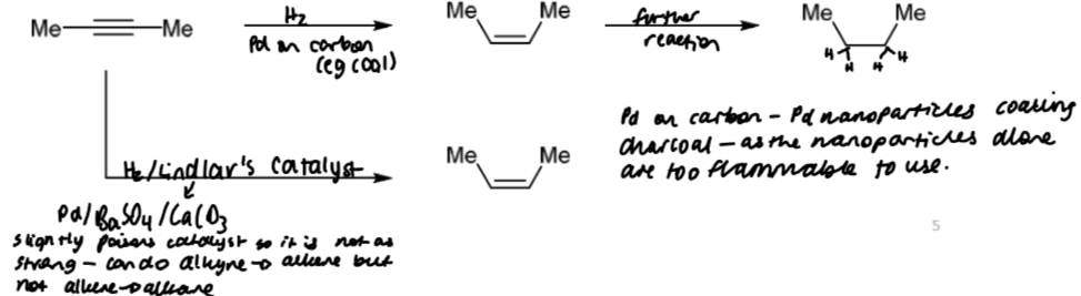 <p>similar to alkenes but the extent of the reaction depends on the activity of the catalyst</p><p>Lindlar’s catalyst is strong enough to hydrogenate alkynes but not alkenes. this means alkyne → alkene must be the easier step of the process.</p>