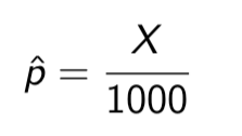 <ul><li><p><span>Suppose we didn’t know this true proportion, and wanted to estimate it (our populations of interest are often very large, so we often won’t know the true value of p)</span></p></li><li><p><span>We could take a sample of n = 1000 Canadians, and count the number of people X in our sample who live in Manitoba. The sample proportion of Manitobans in the sample is then</span></p></li></ul><p></p>