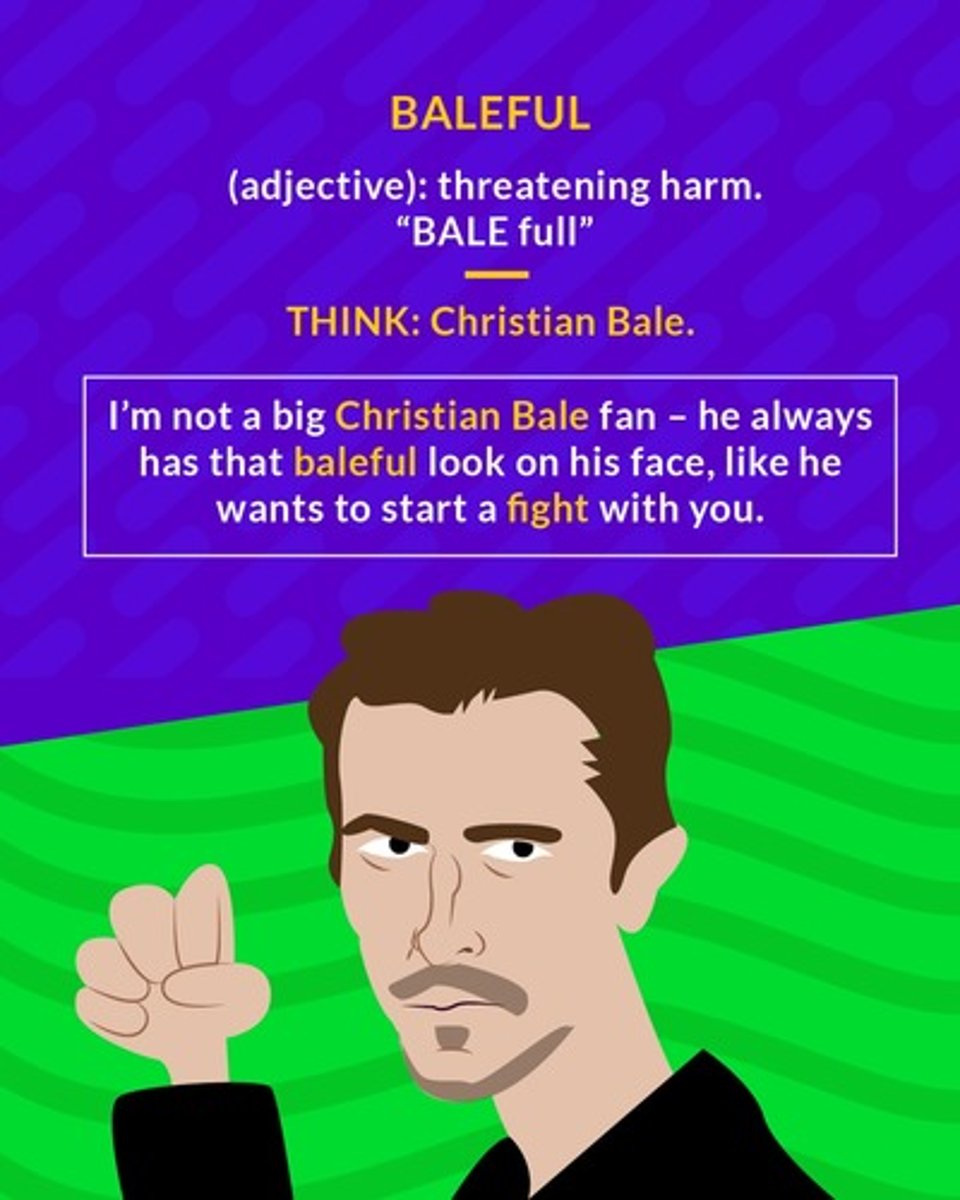 <p>(adj.) threatening harm; menacing</p>