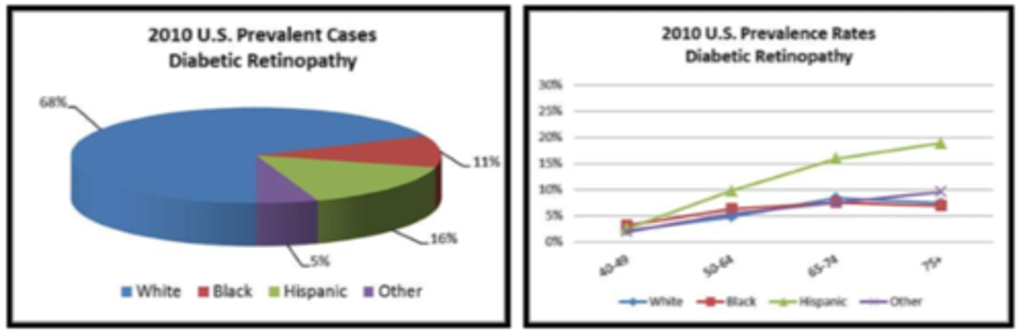 <p>prevalence = most diabetic ret cases are in white people</p><p>relative risk = hispanic people have a higher relative risk of developing AMD</p>