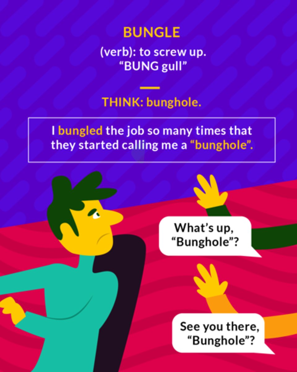 <p>(v.) to act or work clumsily and awkwardly; to ruin something through clumsiness</p><p>(v.) to screw up</p><p>Mnemonic: jungle (if you end up in a jungle then you are screwed up)</p>