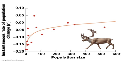 <p>Consider the graph below of woodland caribou population growth rates observed at various population sizes. How does this graph contradict the basic theory of density-dependent population growth?</p>
