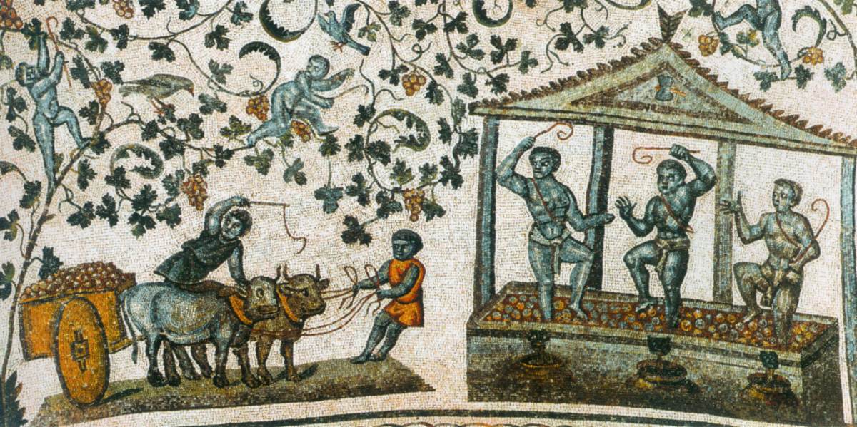 <p><strong>*Harvesting grapes mosaic, Santa Costanza, Rome, c. 350CE, Late Antique</strong></p>