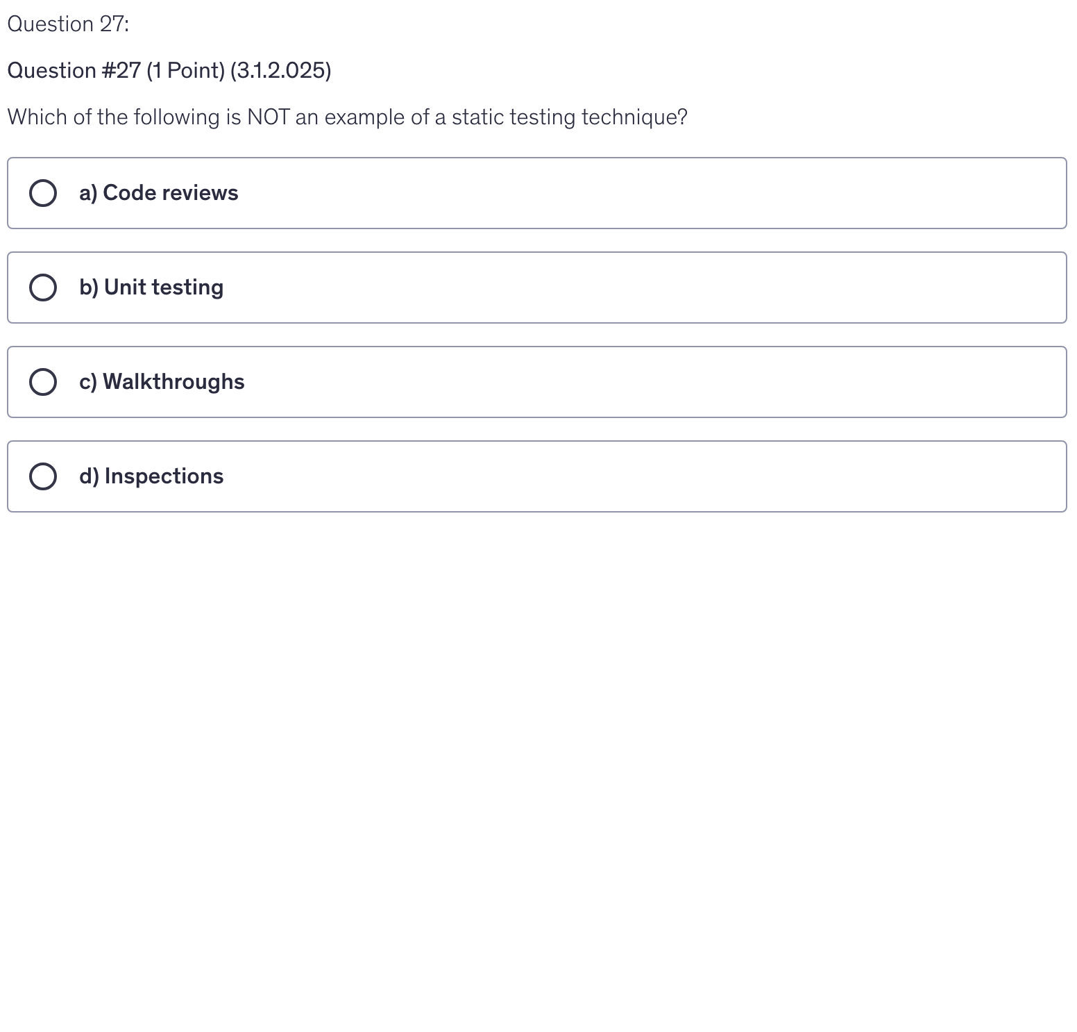 <p>Which of the following is NOT an example of a static testing technique?</p>
