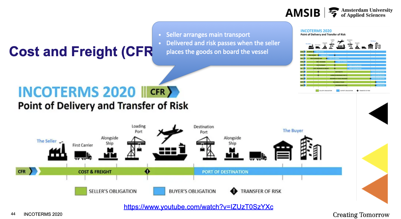 <p>The key difference between <strong>FOB (Free On Board)</strong> and <strong>CFR (Cost and Freight)</strong> lies in <strong>who pays for shipping</strong> and <strong>where the risk transfers</strong> from the seller to the buyer.</p><p class="p2"></p><div data-type="horizontalRule"><hr></div><p></p><p class="p2"></p><p><span data-name="small_blue_diamond" data-type="emoji">🔹</span><strong>FOB (Free On Board)</strong></p><p></p><p class="p2"></p><ul><li><p class="p1"><strong>Risk transfers</strong>: When the goods are <strong>loaded onto the ship</strong> at the port of departure.</p></li><li><p class="p1"><strong>Cost responsibility</strong>:</p><p class="p2"></p><ul><li><p class="p1"><strong>Seller pays</strong>: Costs up to and including loading the goods on the vessel.</p></li><li><p class="p1"><strong>Buyer pays</strong>: Ocean freight, insurance, unloading, and further transport.</p></li></ul><p></p></li></ul><p></p><p class="p3"></p><p class="p1"><span data-name="check_mark_button" data-type="emoji">✅</span> <strong>Buyer takes responsibility early.</strong></p><p class="p1"><span data-name="cruise_ship" data-type="emoji">🛳</span> <strong>Used mostly for containerized goods.</strong></p><p class="p2"></p><div data-type="horizontalRule"><hr></div><p></p><p class="p2"></p><p><span data-name="small_blue_diamond" data-type="emoji">🔹</span><strong>CFR (Cost and Freight)</strong></p><p></p><p class="p3"></p><p class="p4"><em>(Also called CNF - Cost and Freight)</em></p><p class="p2"></p><ul><li><p class="p1"><strong>Risk transfers</strong>: Also when the goods are <strong>loaded onto the ship</strong> (same as FOB).</p></li><li><p class="p1"><strong>Cost responsibility</strong>:</p><p class="p2"></p><ul><li><p class="p1"><strong>Seller pays</strong>: All costs <strong>up to the destination port</strong>, including ocean freight.</p></li><li><p class="p1"><strong>Buyer pays</strong>: Insurance, unloading at destination, and transport from port onward.</p></li></ul><p></p></li></ul><p></p><p class="p3"></p><p class="p1"><span data-name="check_mark_button" data-type="emoji">✅</span> <strong>Seller covers more cost, but risk still passes at origin.</strong></p><p class="p1"><span data-name="package" data-type="emoji">📦</span> <strong>Used more for bulk cargo.</strong></p><p class="p2"></p><div data-type="horizontalRule"><hr></div><p></p><p class="p2"></p><p><span data-name="receipt" data-type="emoji">🧾</span><strong> Summary Table:</strong></p><p></p><table style="min-width: 100px"><colgroup><col style="min-width: 25px"><col style="min-width: 25px"><col style="min-width: 25px"><col style="min-width: 25px"></colgroup><tbody><tr><th colspan="1" rowspan="1"><p class="p1"><strong>Term</strong></p></th><th colspan="1" rowspan="1"><p class="p1"><strong>Seller Pays</strong></p></th><th colspan="1" rowspan="1"><p class="p1"><strong>Buyer Pays</strong></p></th><th colspan="1" rowspan="1"><p class="p1"><strong>Risk Transfers</strong></p></th></tr><tr><td colspan="1" rowspan="1"><p class="p1"><strong>FOB</strong></p></td><td colspan="1" rowspan="1"><p class="p1">Up to loading at port</p></td><td colspan="1" rowspan="1"><p class="p1">Freight, insurance, destination</p></td><td colspan="1" rowspan="1"><p class="p1">At origin port (when loaded)</p></td></tr><tr><td colspan="1" rowspan="1"><p class="p1"><strong>CFR</strong></p></td><td colspan="1" rowspan="1"><p class="p1">Up to port of arrival (freight included)</p></td><td colspan="1" rowspan="1"><p class="p1">Insurance, unloading, inland transport</p></td><td colspan="1" rowspan="1"><p class="p1">At origin port (when loaded)</p></td></tr></tbody></table><p class="p1"></p><p class="p2"></p><div data-type="horizontalRule"><hr></div><p></p><p class="p3">Let me know if you want the comparison for <strong>FOB vs CIF</strong> (CIF includes insurance).</p>