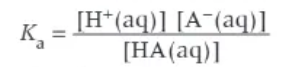 <p> [H<sup>+</sup><sub>(aq)</sub>]  [A<sup>-</sup><sub>(aq)</sub>] / [HA<sub>(aq)</sub>] </p>