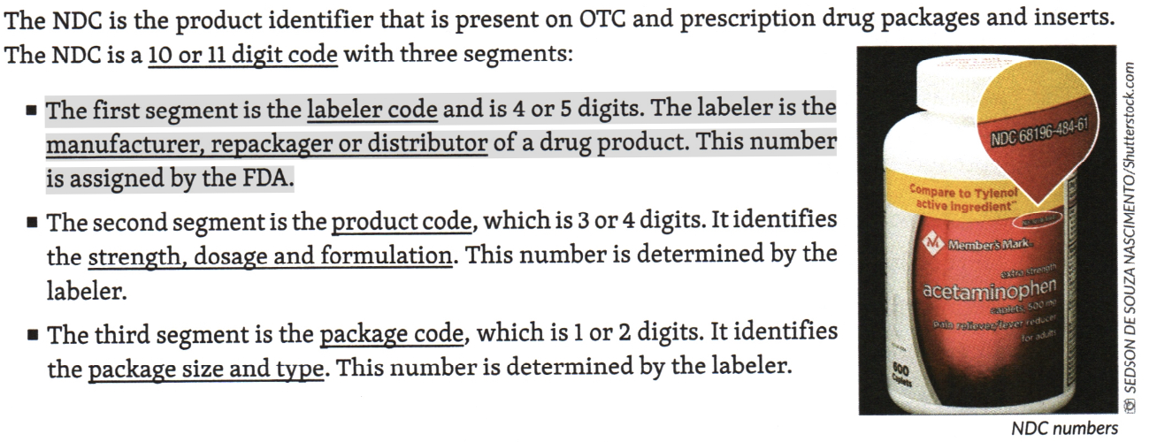 <p>The <strong>1st segment</strong> of a NDC is the <strong>LABELER code</strong></p><p>It identifies the <strong>manufacturer</strong>, <strong>repackager</strong>, or <strong>distributor</strong> of a drug product.</p><p>This number is assigned by the <strong>FDA</strong>.</p><hr><p>Drugs were required to have an individual NDC number according to the <u>Drug Listing Act of 1972</u>.</p>