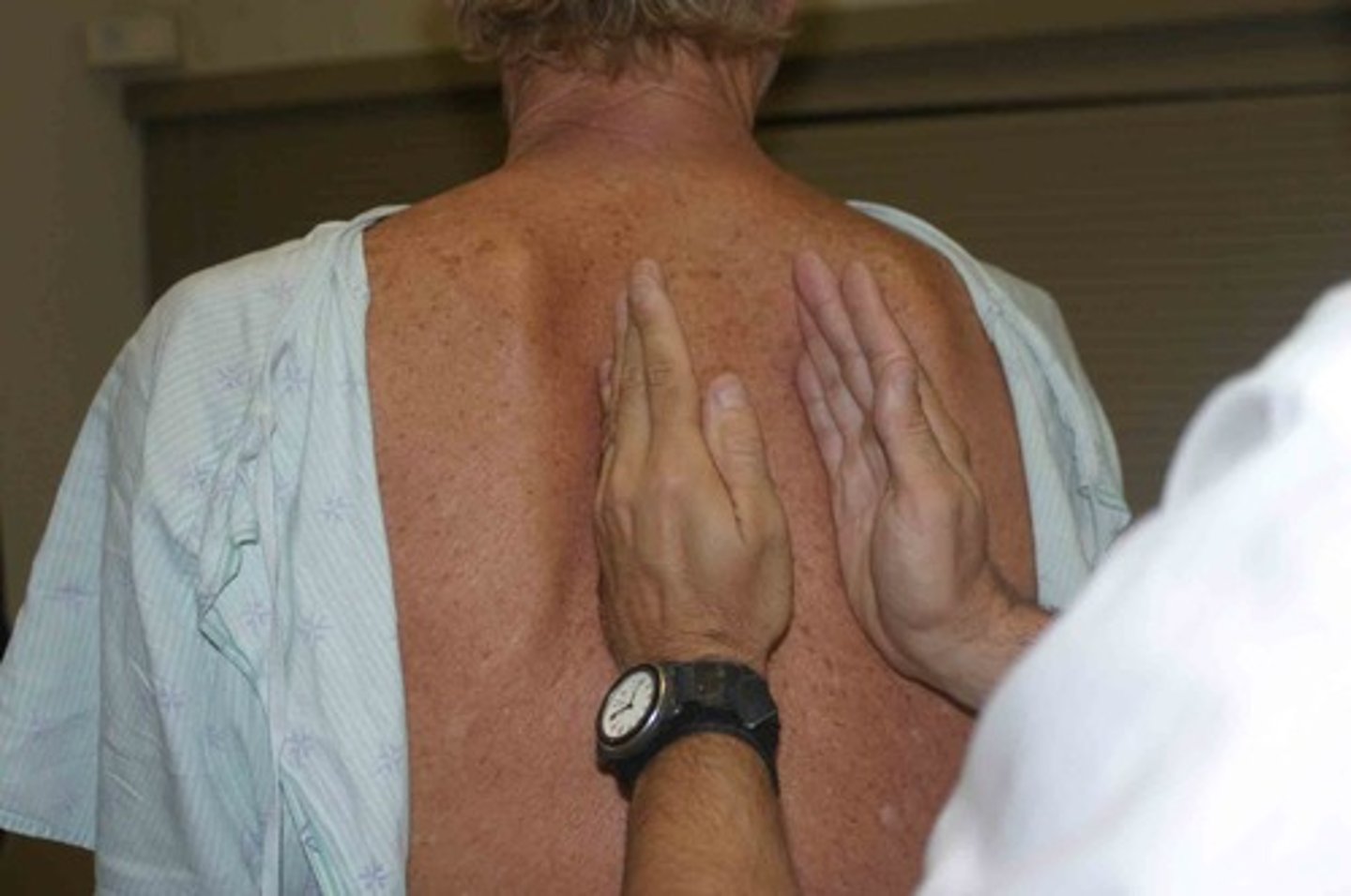 <p>instructions:</p><p>Instruct patient to sit upright and "hug" self to move scapula out of the area that will be assessed. Then, instruct patient to recite "ninety-nine" (or blue balloon) while back is being palpated.</p><p>procedure</p><p>Place the palm or ulnar edge of your hand on patients upper back over both right and left lung fields (symmetrically) and feel for discrepancies between vibrations as patient recites "ninety-nine". Repeat process while moving hands down to asses lower areas.</p>