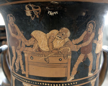 Kalyx krater, ca 350 BCE<br />Asteas<br />Showing scenes of Comedy<br />Berlin: Antikensammlung