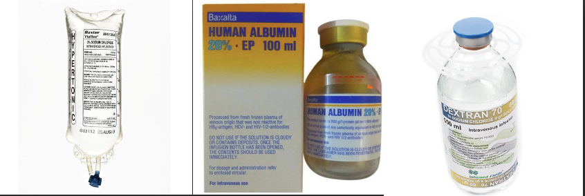 <p>The following solutions can be use in special cases of shock, especially when isotonic crystalloids are not available or sufficient. However, they are<span style="color: red"><strong> NOT </strong></span><strong>first-line therapies.</strong></p><ul><li><p><strong>Hypertonic solution for IV fluid treatment of shock</strong>:</p><ul><li><p>3% Sodium Chloride (HSS)</p><ul><li><p>Can only be administered once  or else you’re going to give them hypernatremia.</p></li><li><p>Good for patients who have edema, increased ICP</p></li></ul></li></ul></li><li><p><strong>Colloids for IV fluid treatment of shock</strong>:</p><ul><li><p>Albumin—large protein molecule</p></li><li><p>Dextran—large sugar molecule </p></li></ul></li></ul><p>**essentially pulling more fluids back into the vasculature </p>