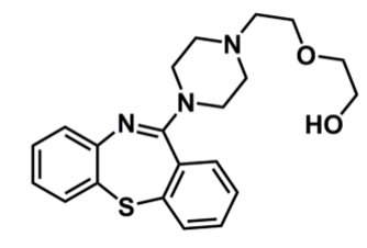 <ul><li><p>pharmacophore: dibenzothiazepine</p></li><li><p>similar structure to clozapine</p><ul><li><p>addition of ester → polar agent, conjugation (phase II) reaction can occur so faster elimination (shorter half-life)&nbsp;</p></li><li><p>change sulphur vs N in central ring → can undergo oxidation to sulphone or sulfoxide which is not active&nbsp;</p></li></ul></li></ul><p></p>