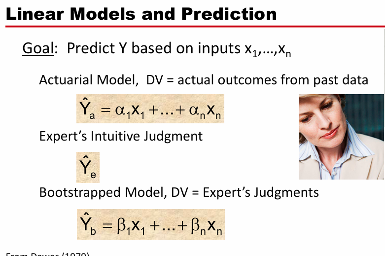 <p>Actuarial Models:</p><p>Statistical models used to evaluate and predict outcomes based on historical data.</p><p>DV = actual outcomes from past Data</p><p>Expert’s Intuitive Judgment:</p><p>Ye</p><p>Bootstrapped Model, DV = Expert’s Judgements</p><p>Yb = B1x1 + … Bnxn</p><p></p>