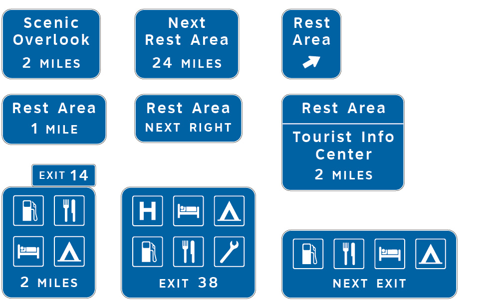 Blue signs direct you to services such as gas, food, motels, hospitals, and rest areas.