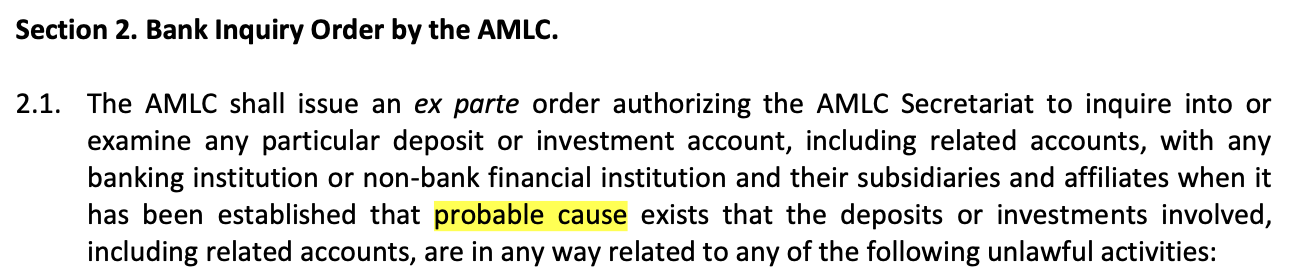 <p>b. the AMLC can file an ex parte bank inquiry application</p>