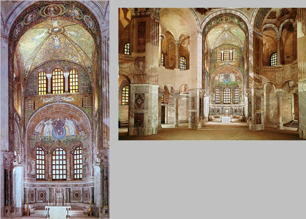 <ul><li><p>Shows Jesus wearing purple, halo, young looking</p></li><li><p>He's seated on the orb like world</p></li><li><p>Jesus give St. Vitale a wreath & Bishop Ecclesius offers Christ a model of said church</p></li></ul><p></p>