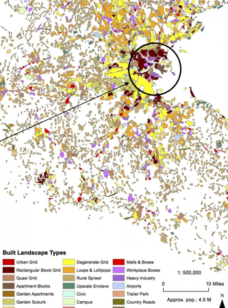<ul><li><p>Older city core</p></li><li><p>Few “loops and lollipops'“ suburban subdivisions</p></li><li><p>Not as car dependent</p></li><li><p>Port centered</p></li></ul><p></p>