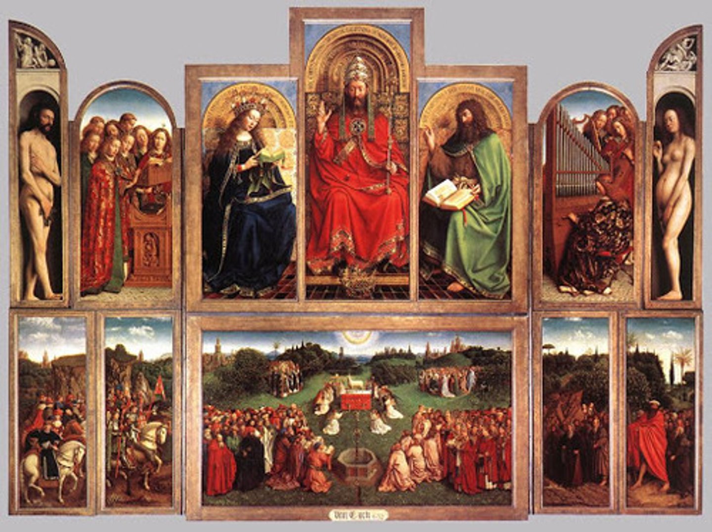 <p>Revelations Last Judgement, ordered to the Medieval mind, Trinitarian vertical axis (God the father, lamb pouring blood (Jesus), well of life (Spirit), no spatial realism, God has a magnificent throne, robes with "King of Kings and Lord of Lords", churchly crown, Mary to the left of Father reading a book because she no longer has to intercede, John the Baptist on the right, musicians, Adam and Eve on a moving hinge to turn in so they can see the salvation of their family, representational groups in each corner (NT saints, OT saints, martyrs, angels around the lamb, etc.)</p>