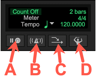 <p>Refer to the Image: Which button will enable you to hear a click track in your session?</p>