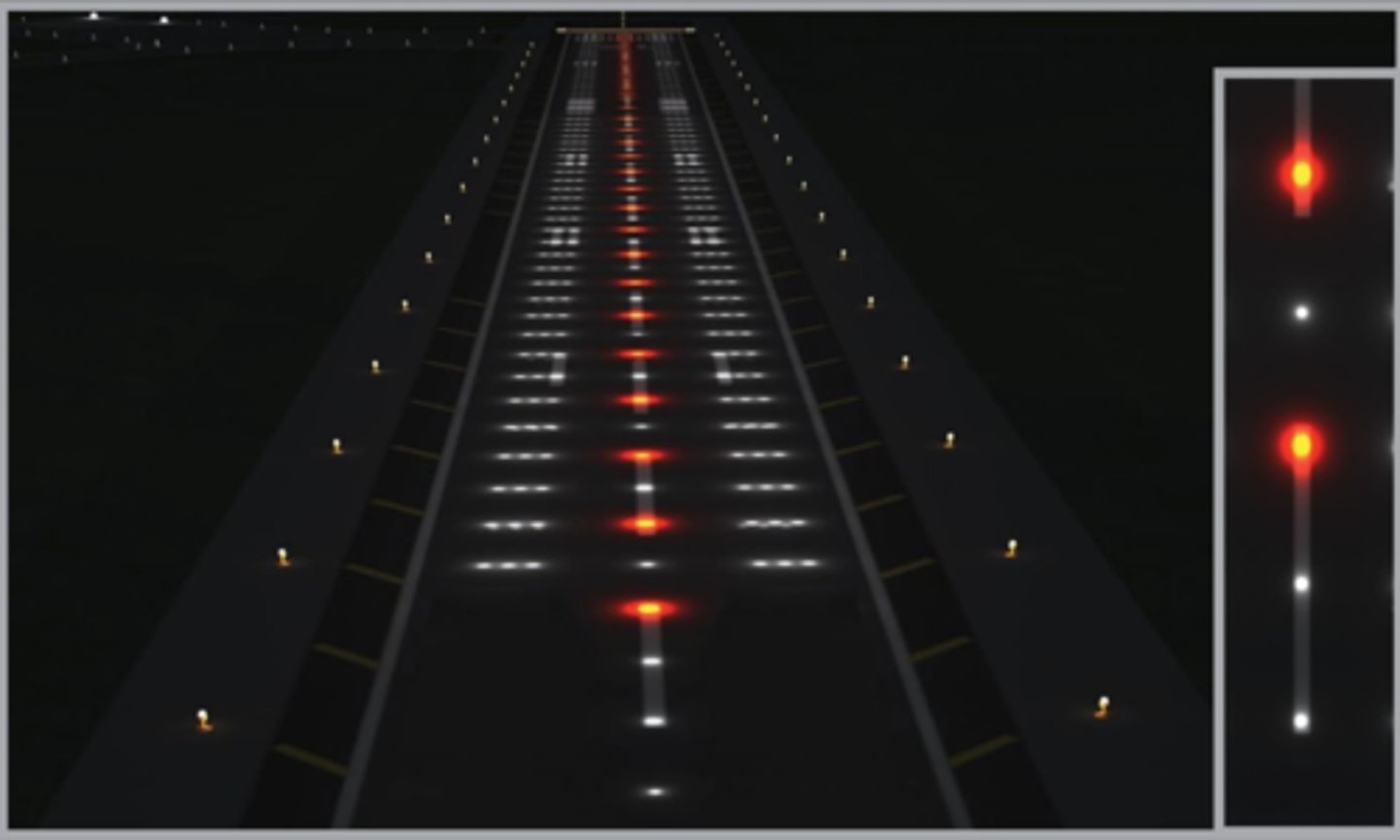 <p>1. From the threshold ~last 3,000ft- white</p><p>2. last 3,000ft ~ last 1,000ft- alternating white and red</p><p>3. last 1,000ft- red</p><p>4. Lights interval- 50-foot</p>