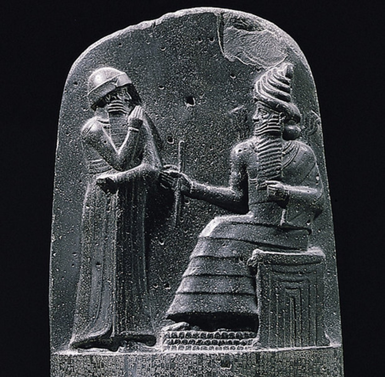 <p>Babylonian, 1792-1750 BCE, basalt. Law code given divine authority by Shamash; reinforces justice and king's power.</p>