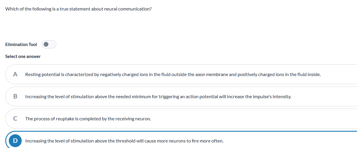 <ul><li><p>The level of stimulation required to produce a response in a neuron</p></li><li><p>Increasing the lvl of stimulation above the threshold causes more neurons to fire more often</p></li></ul><p></p>