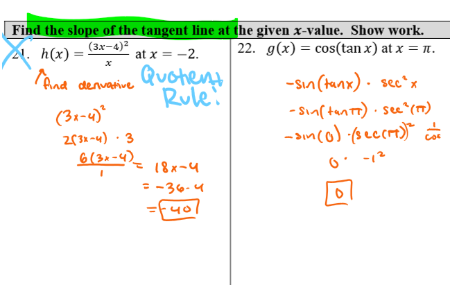 <p>derivatives of a general function FIRST, then plug in values.</p>