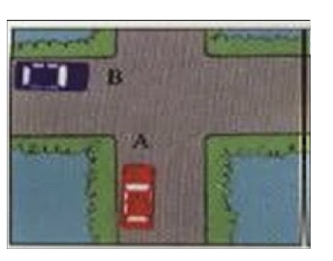 <p><span>Both cars arrive at the intersection the same time, which car has the right to go first?</span></p>