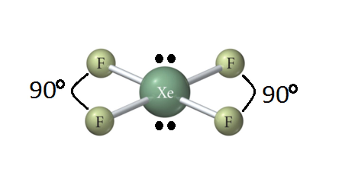 <p>6 Electron Groups</p><p>4 Bonding Groups</p><p>2 Lone Pairs<br>AX<sub>4</sub>E<sub>2</sub></p><p>90<sup>o</sup></p>